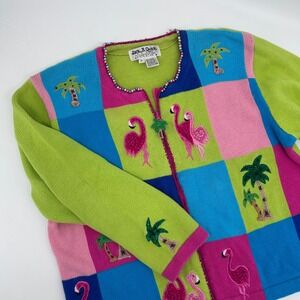 Jack B Quick Flamingo Palm Tree Patchwork Knit Cardigan Sweater L